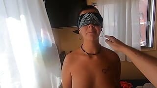 Blindfolded girlfriend sucks and swallows